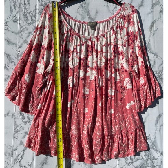 Style & Co Womens Floral Bell Sleeve Top XL Dot Pink Rayon/Spandex - Picture 3 of 9